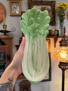 Vintage Cottage Core Ceramic Celery Leaf Serving Dish